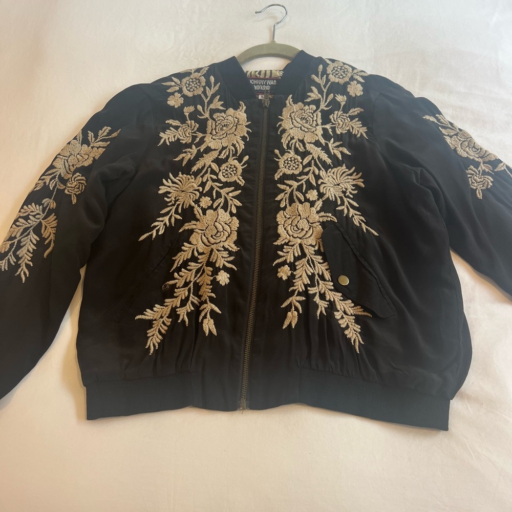 Johnny Was Black Bomber Jacket with Cream Floral Embroidery